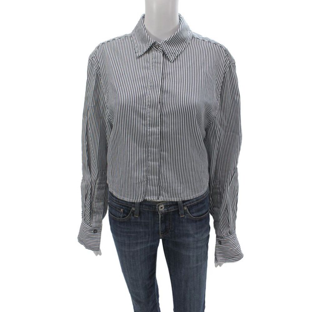 Simkhai Women Cropped Striped Collared Cotton Buttonup Long Sleeve Black Size M